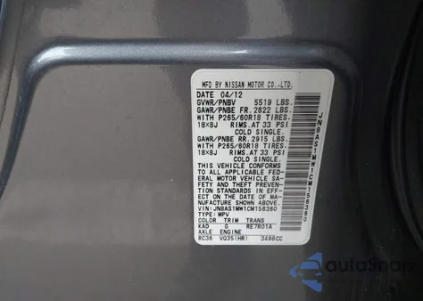 2012 Infiniti Fx35 z USA, uszkodzony, nr VIN JN8AS1MW1CM156360